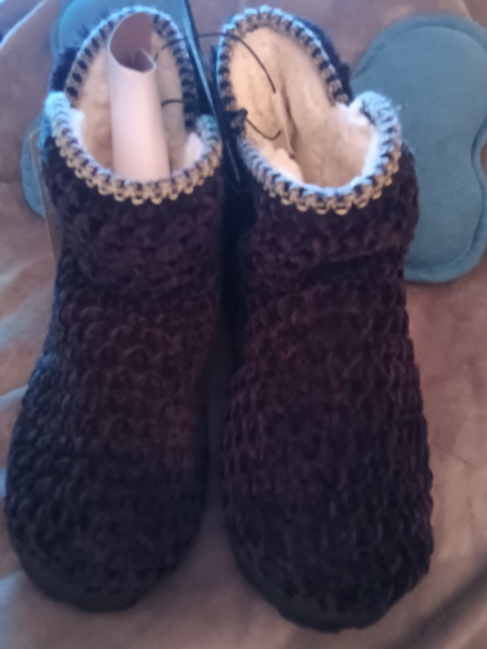 Muk Luks Women's Knit Sherpa Bootie Slippers - Dark Colored with Cream Trim